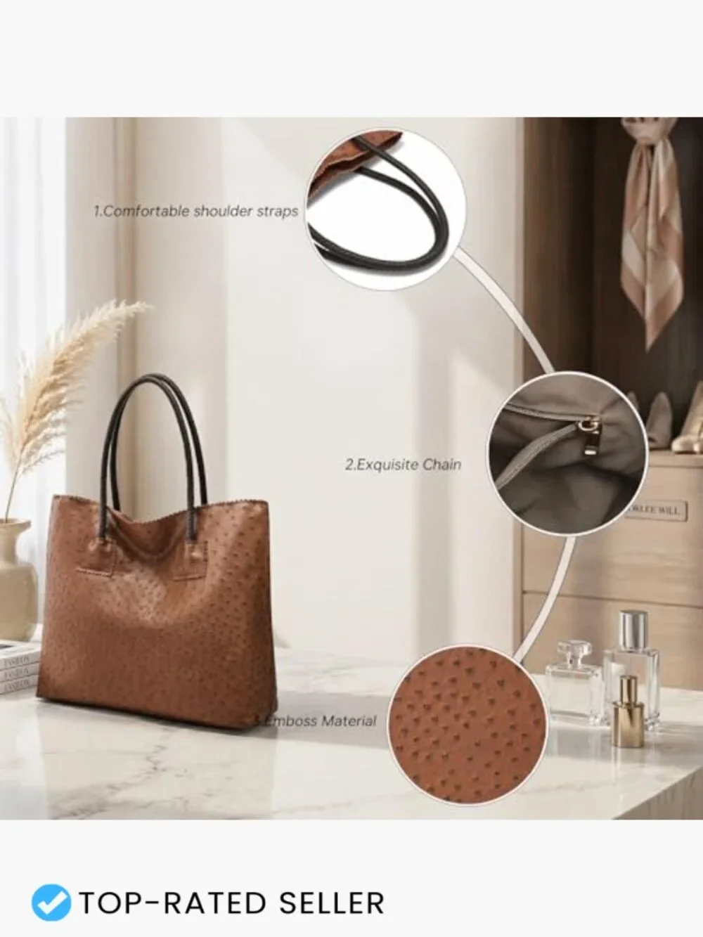 Ostrich Embossed Faux Leather Large Tote Shoulder Bag with Pouch Office Travel